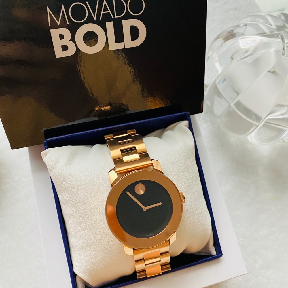 MOVADO Bold Black Sunray Dial Rose Gold-tone watch